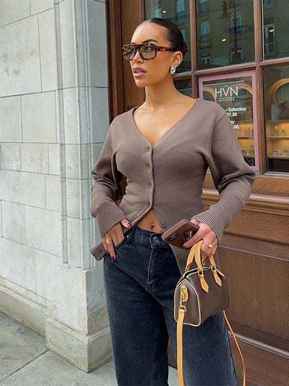 Cralom V Neck Button Down Cropped Sweater - 2024 Fashion New