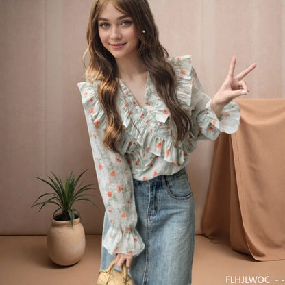 Cralom Floral Print Ruffles Top for Women - Retro Vintage Style