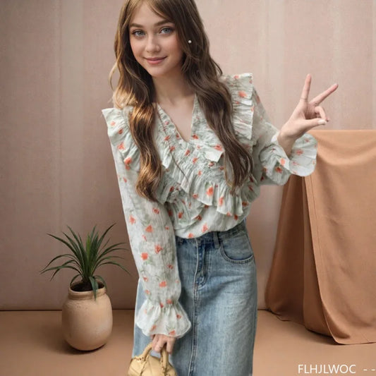 Cralom Floral Print Ruffles Top for Women - Retro Vintage Style