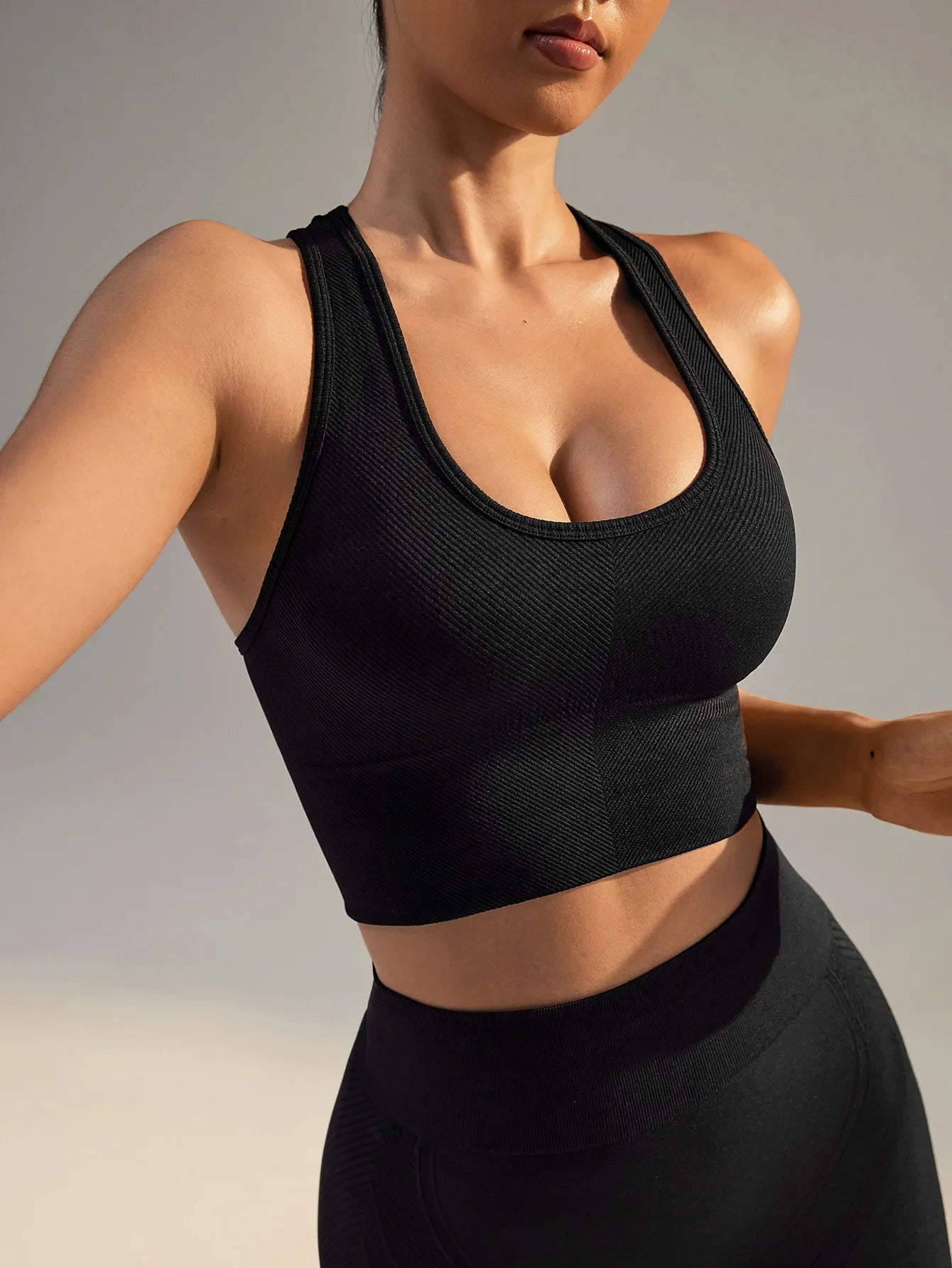 Cralom Ribbed Yoga Bra Racer Back Crop Top Seamless Sports Tank Gym Fitness