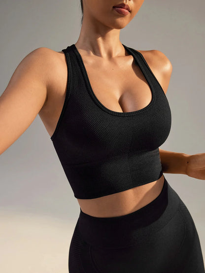 Cralom Ribbed Yoga Bra Racer Back Crop Top Seamless Sports Tank Gym Fitness