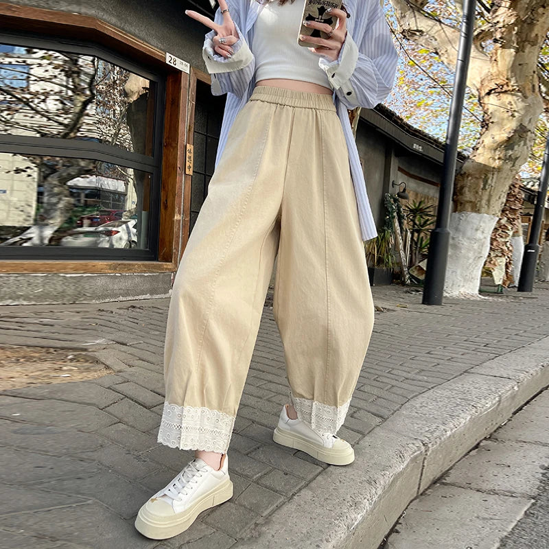 Cralom Lace Pocket High Waist Harem Pants Casual Korean Capris Vintage Style