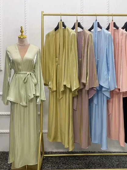 Cralom Cralom Ramadan Satin Abaya Modest Dress Set Women's Kaftan