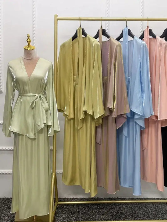 Cralom Cralom Ramadan Satin Abaya Modest Dress Set Women's Kaftan