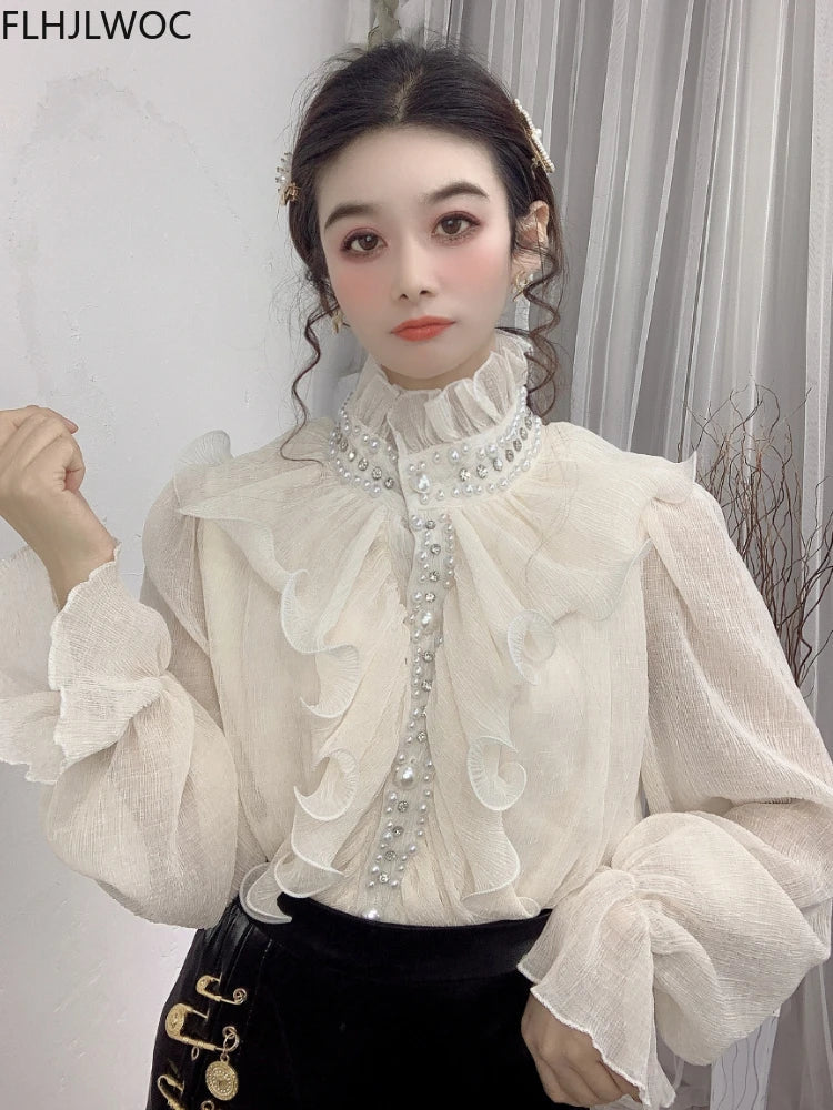 Cralom Flare Sleeve White Blouse with Bead Detail