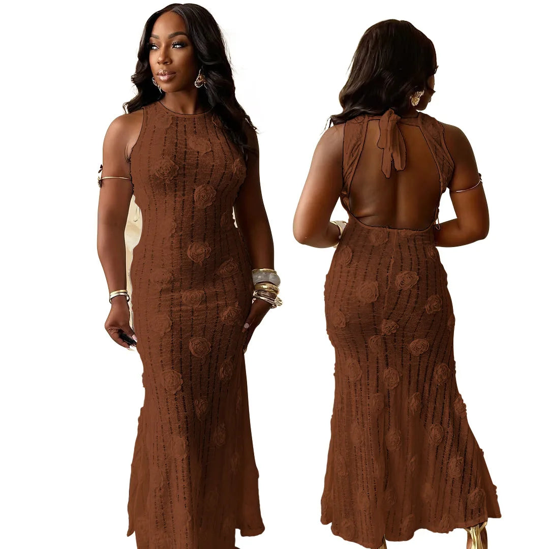 Cralom Sleeveless Lace Up Long Dress, Summer 2025 Fashion Solid Color