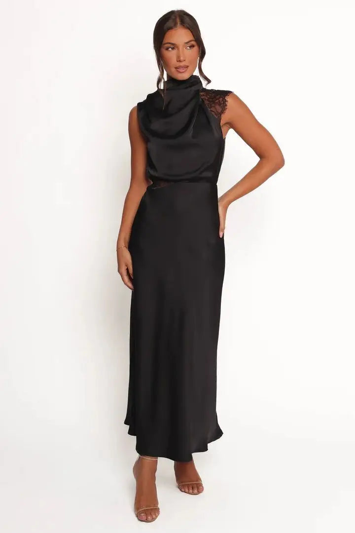 Cralom Solid Color Lace Dress with Hanging Neck and Waist for Women