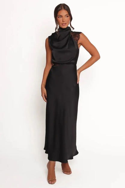 Cralom Solid Color Lace Dress with Hanging Neck and Waist for Women
