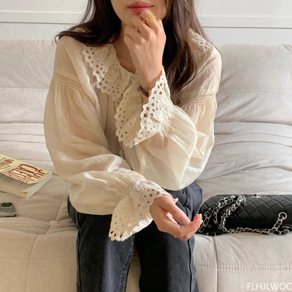 Cralom Lace Ruffles Flare Sleeve Sunscreen Top - Sweet Vintage Style