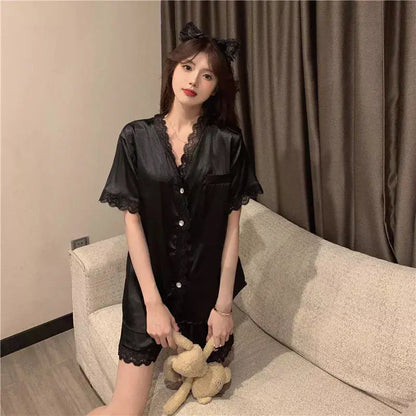 Cralom Summer Ice Silk Short Sleeve Cardigan - High-End Ins Style Home Wear