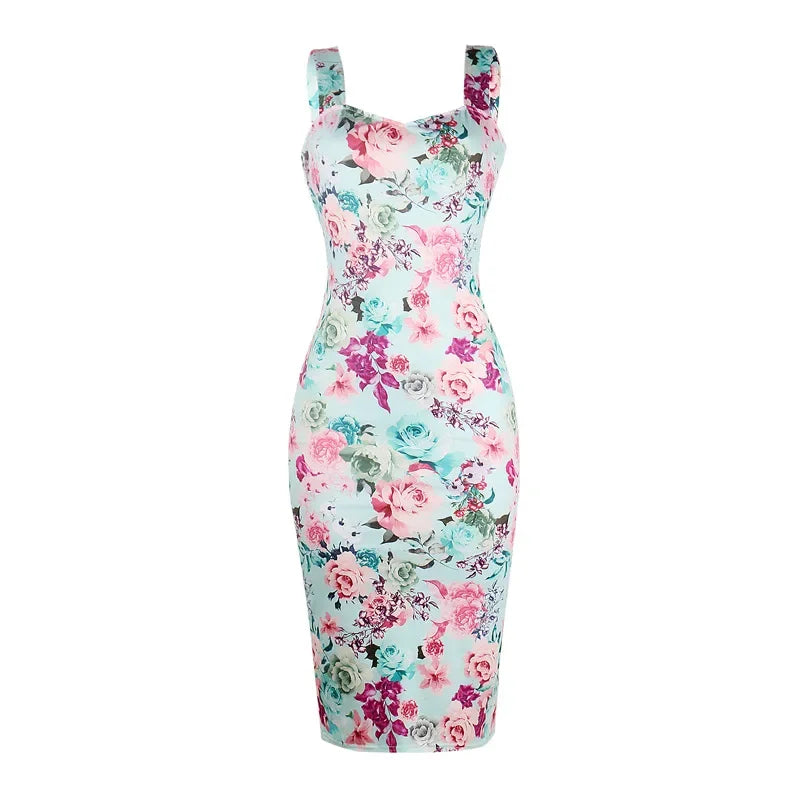 Cralom V-neck Camisole Dress Sleeveless Slim Fit Full Print Backless Slimming Design