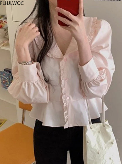 Cralom Pink Peplum Peter Pan Collar Shirt - Women's Preppy Style Top