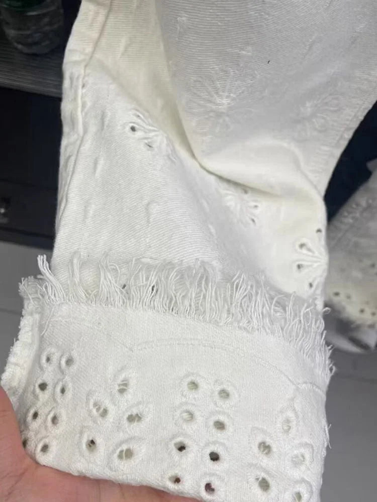 Cralom White Embroidery Hollow Out Wide Leg Jeans