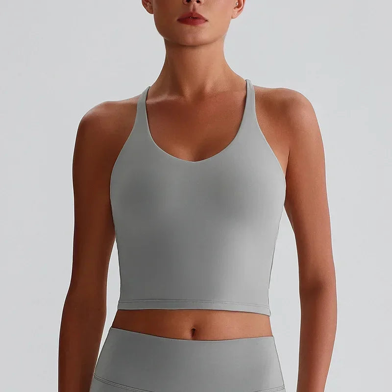 Cralom Nude Yoga Top with Detachable Chest Pads and Crossover Back