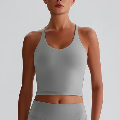 Cralom Nude Yoga Top with Detachable Chest Pads and Crossover Back