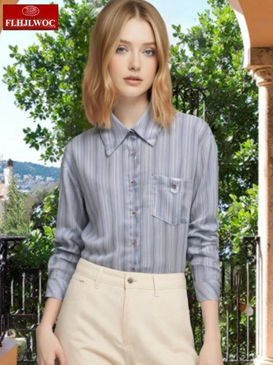 Cralom Striped Button Shirt Women Long Sleeve Office Blouse Casual Retro Design