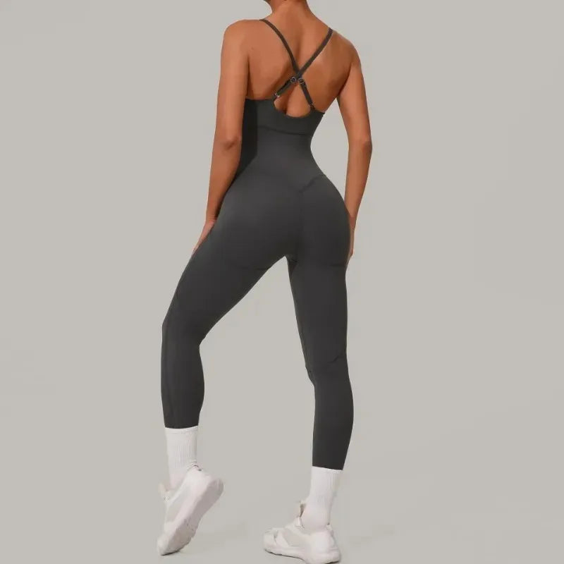 Cralom Seamless Yoga Jumpsuit with Cross Waist Buckle