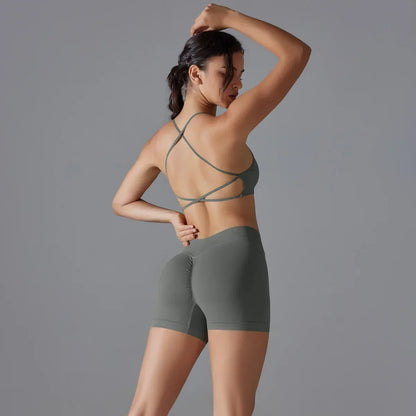 Cralom Women's Seamless Yoga Set - Cross Back Bra & Buttocks Gym Shorts