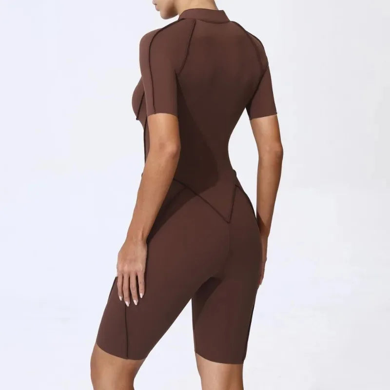 Cralom Seamless Yoga Jumpsuit Short Sleeve Fitness Bodysuit Zipper Activewear