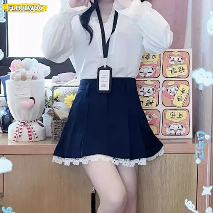 Cralom Sweet Lolita Style Mini Skirt with Ruffles and Lace Embellishments