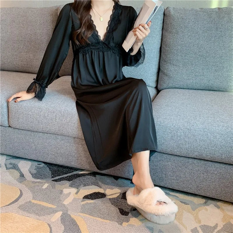 Cralom Long-sleeved Princess Style Nightgown for Women - Spring/Autumn Fashion with Chest Pad