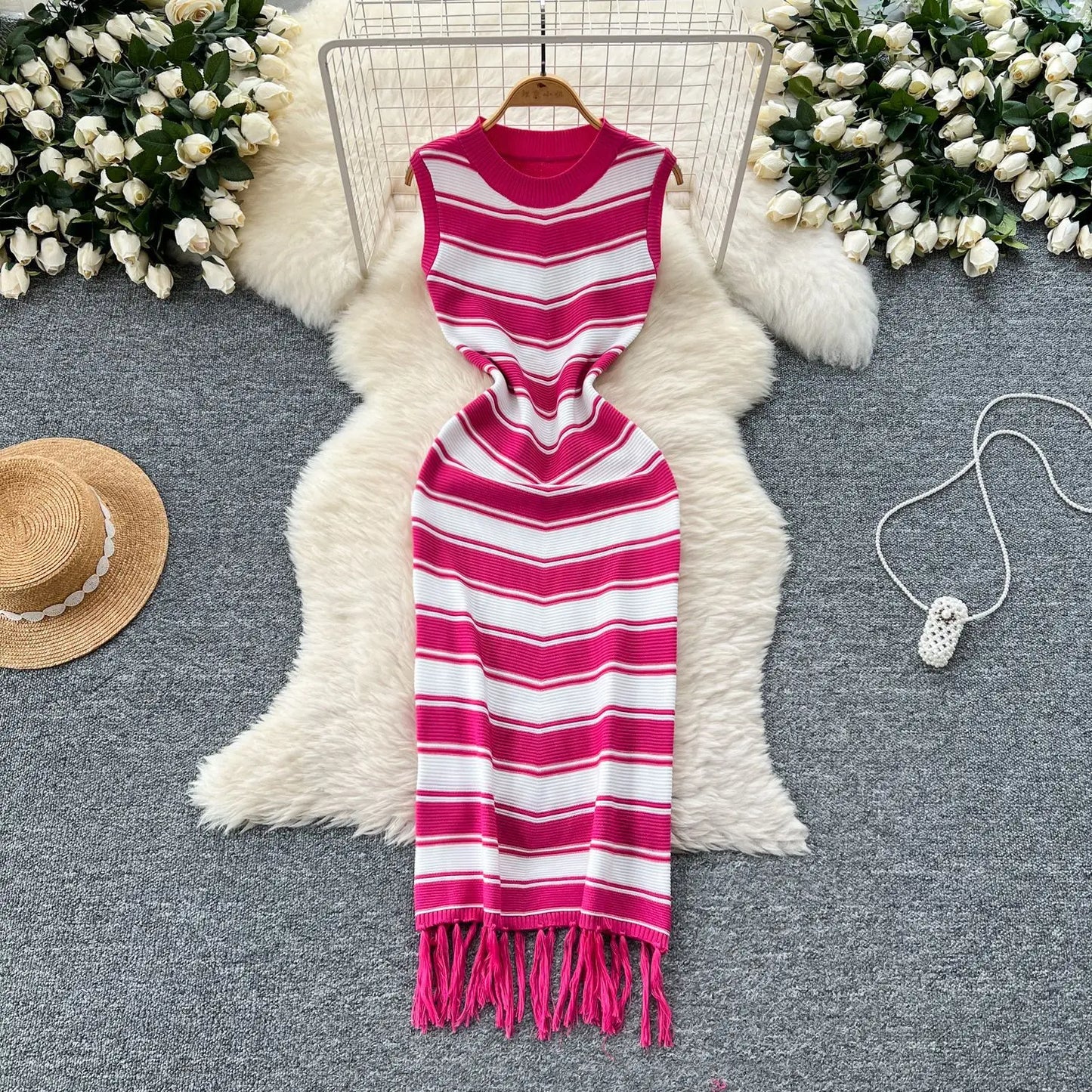 Cralom Ribbed Striped Tank Maxi Dress with Tassel Detail