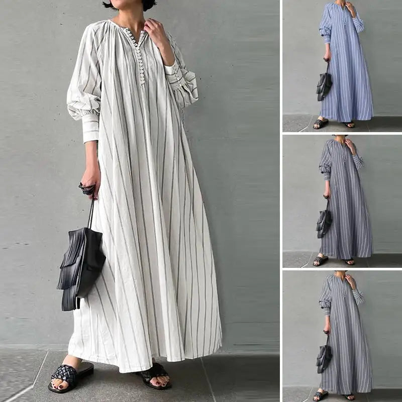Cralom Striped Cotton Linen Long Sleeve Pullover Dress Summer 2024