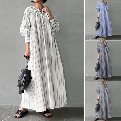 Cralom Striped Cotton Linen Long Sleeve Pullover Dress Summer 2024
