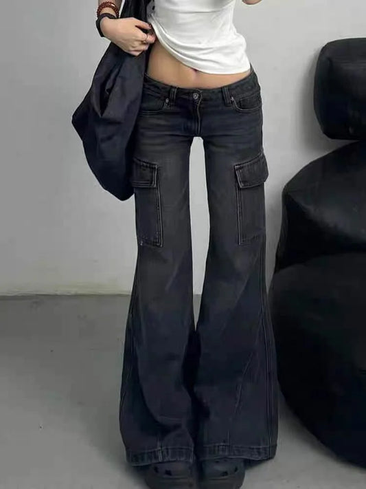 Cralom Vintage Low Rise Flare Jeans Women's Korean Fashion Straight Pants 2025