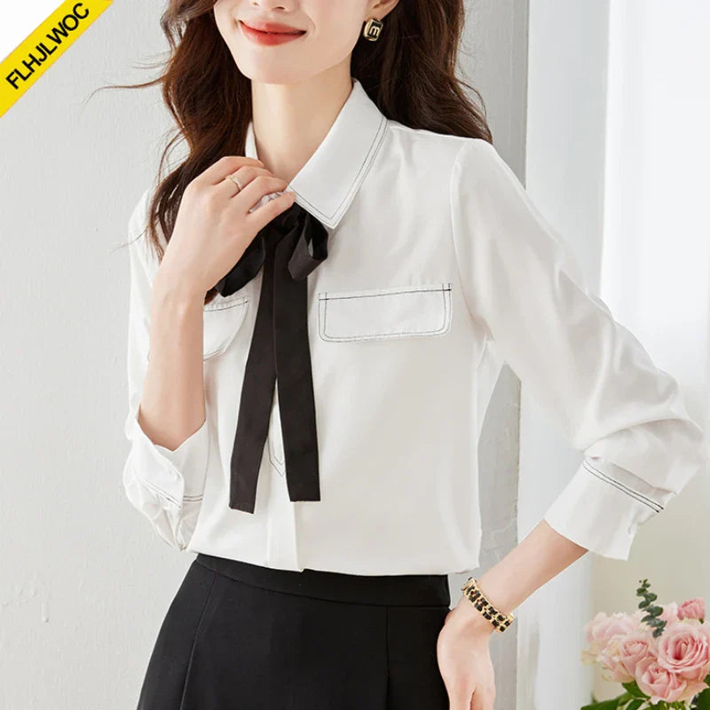 Cralom White Bow Tie Office Blouse Women's Workwear Office Chic Button-Up