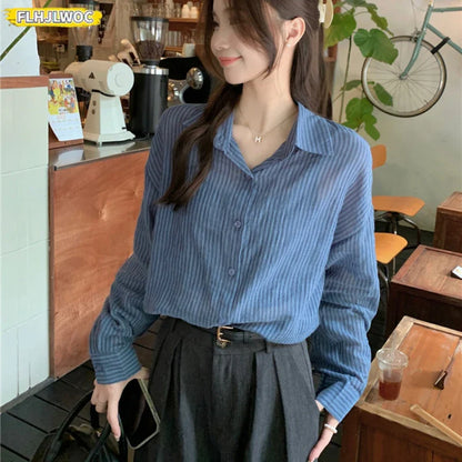 Cralom Striped Boyfriend Shirt: Lazy Korea Style Retro Loose Button Long Sleeve Blouse