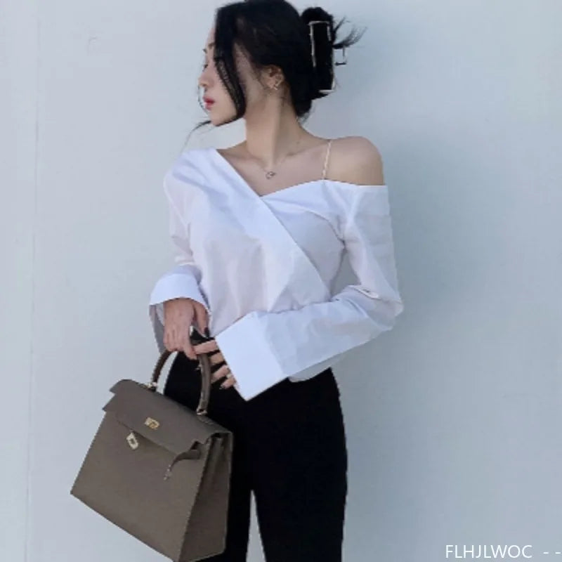 Cralom Button Blue One Shoulder Top: Office Chic Flare Sleeve Blouse