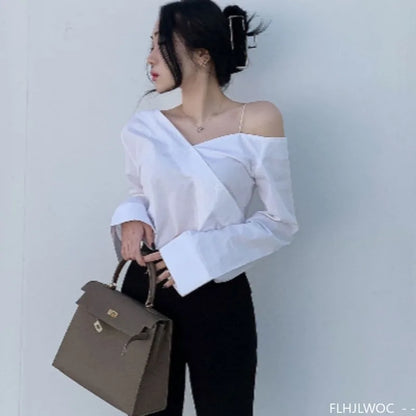 Cralom Button Blue One Shoulder Top: Office Chic Flare Sleeve Blouse