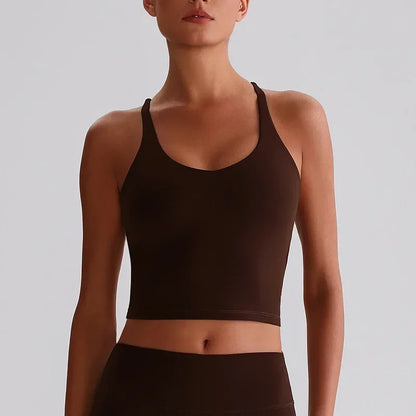Cralom Nude Yoga Top with Detachable Chest Pads and Crossover Back