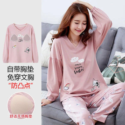 Cralom Cotton Pajama Set with Chest Pads, Long-sleeved Soft Sleepwear for Women