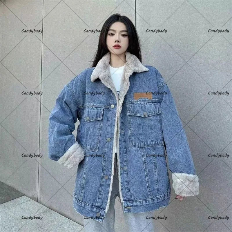 Cralom Lamb Wool Denim Jacket: Street Fashion Thickening, Trendy & Casual, Unisex Fit