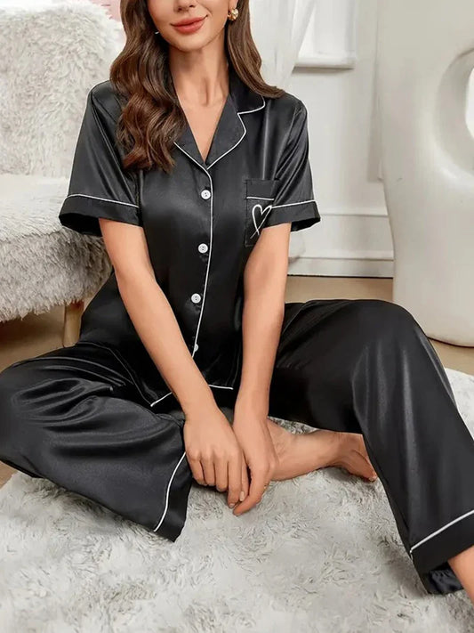 Cralom Elegant Solid Color Pajama Set: Short Sleeve Top & Soft Elastic Pant