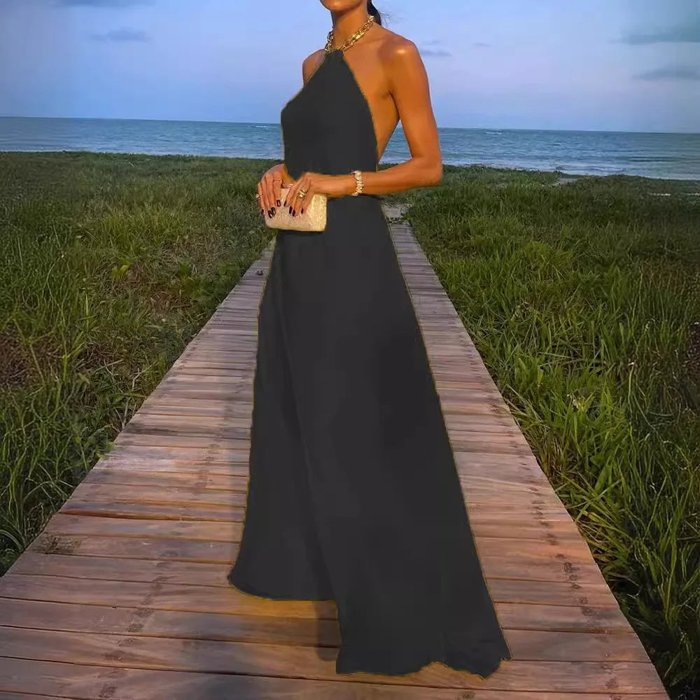 Cralom Solid Color Hanging Neck Long Dress