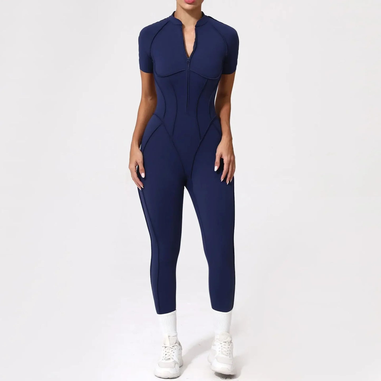 Cralom Seamless Front-Zip Short Sleeve Sports Jumpsuit