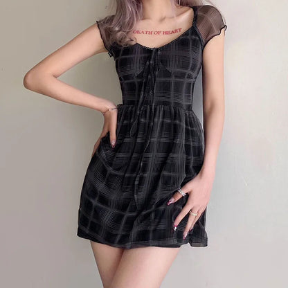 Cralom Lattice Pattern A-Line Mini Dress: 2021 Summer Casual Streetwear
