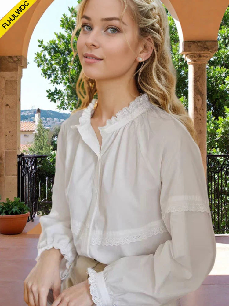 Cralom White Ruffles Lace Stand Collar Blouse Women Preppy Style Basic Shirt