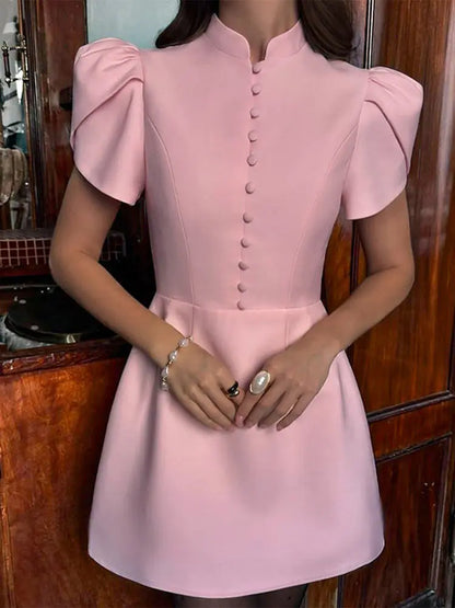 Cralom Elegant Button High Neck A-line Mini Dress for Women, 2025 Summer Commute Party