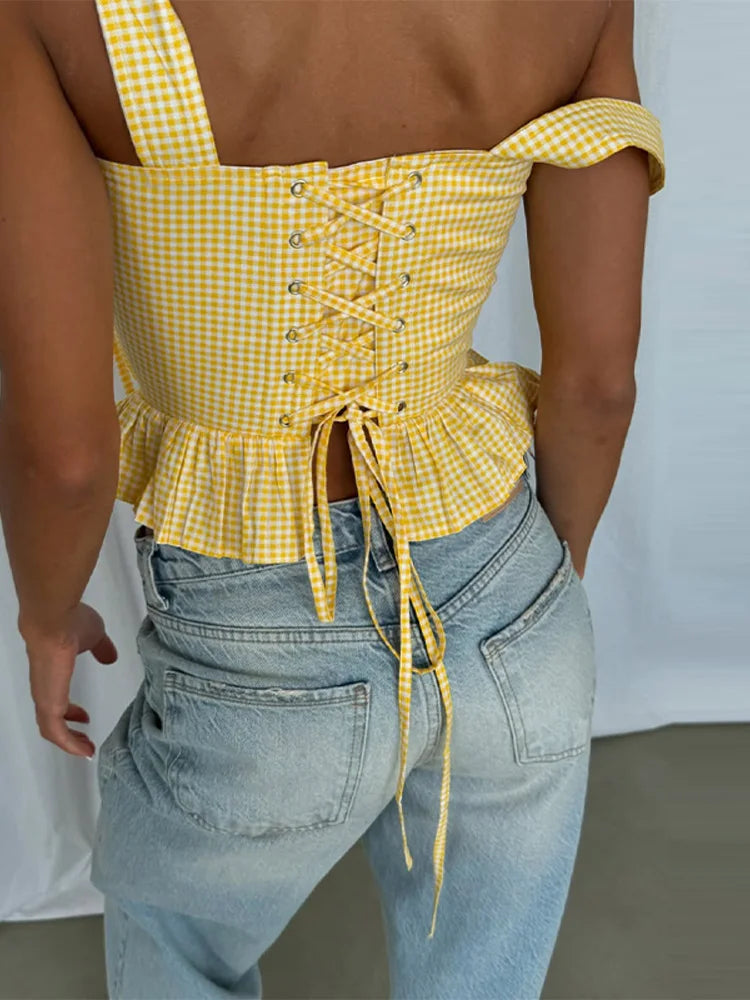 Cralom Plaid Ruffles Sling Crop Top U-neck Sleeveless Vest