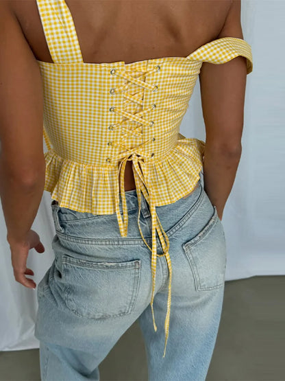 Cralom Plaid Ruffles Sling Crop Top U-neck Sleeveless Vest
