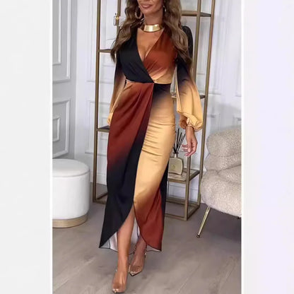 Cralom Gradient V-Neck Long Sleeve Dress - 2025 Autumn Fashion