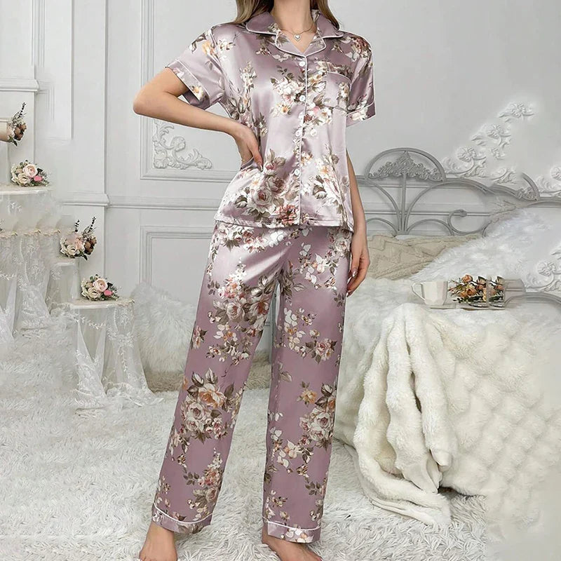 Cralom Satin Pajama Set: Short Sleeve Top & Long Pants Sleepwear