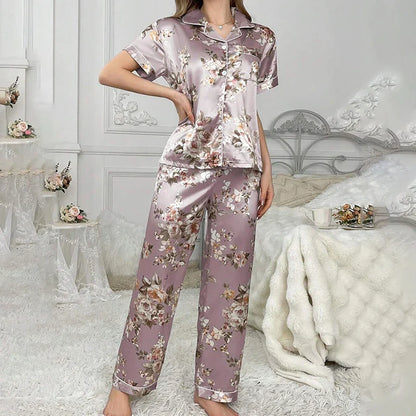 Cralom Satin Pajama Set: Short Sleeve Top & Long Pants Sleepwear
