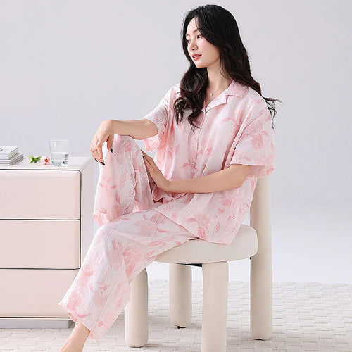 Cralom Floral Print Pajama Set: Short Sleeve Top with Built-in Bra and Breathable Pants