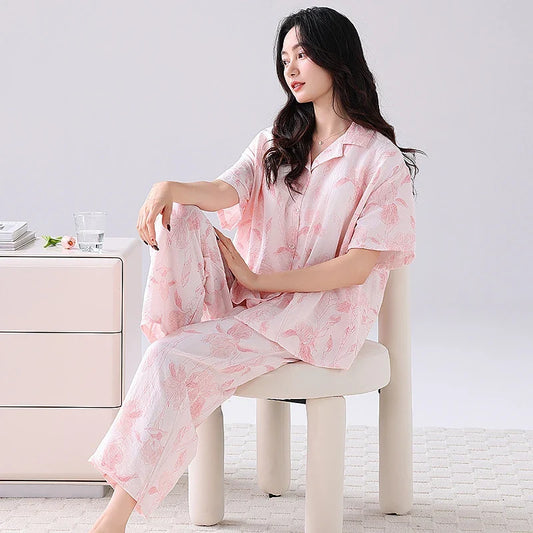 Cralom Floral Print Pajama Set: Short Sleeve Top with Built-in Bra and Breathable Pants
