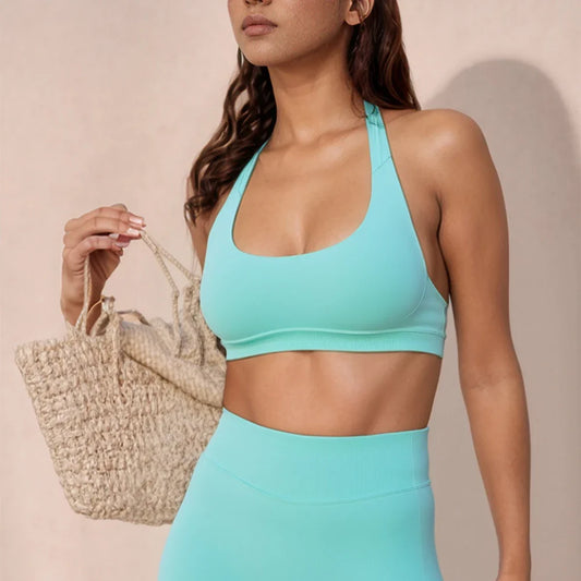 Cralom Yoga Halter Sports Bra Open Back Padded Crop Top Gym Fitness Running Top